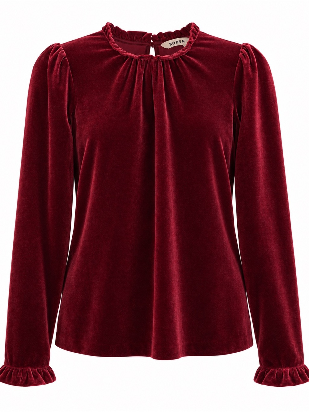 Boden Velvet Frill Neck Top Burgundy US 6 Ruffle Puff Sleeve
